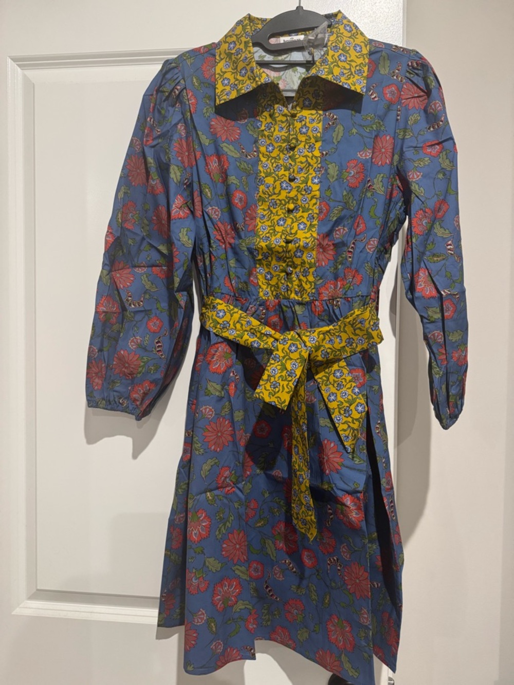 Hermoza Yellow Floral Collared Mini Dress with Blue Blooms